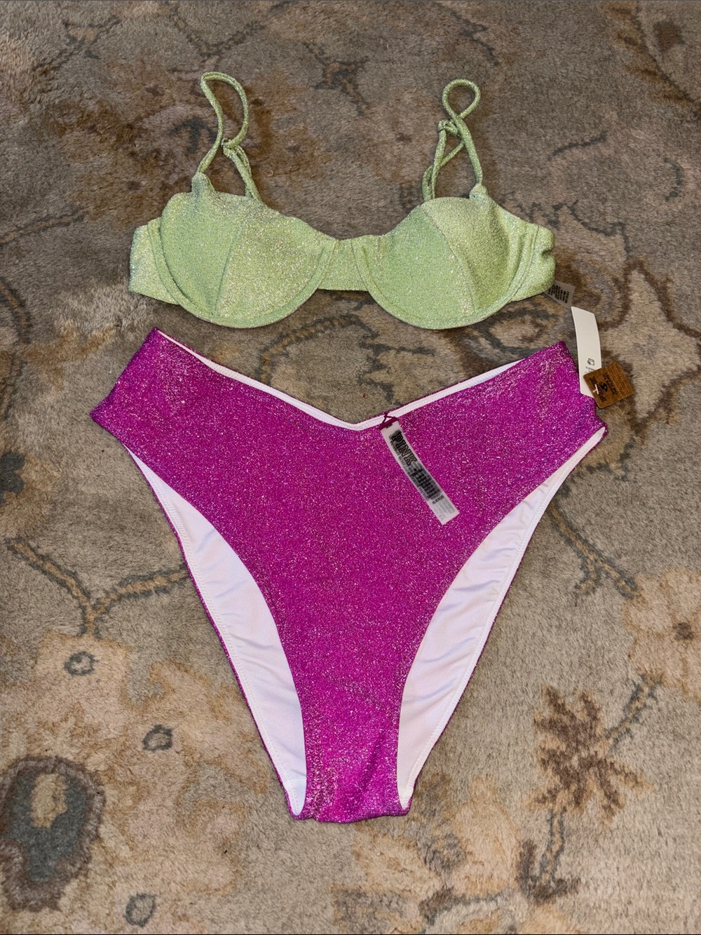Sparkle Two-Piece Bikini Set - Lime Green Top & Fuchsia Bottom